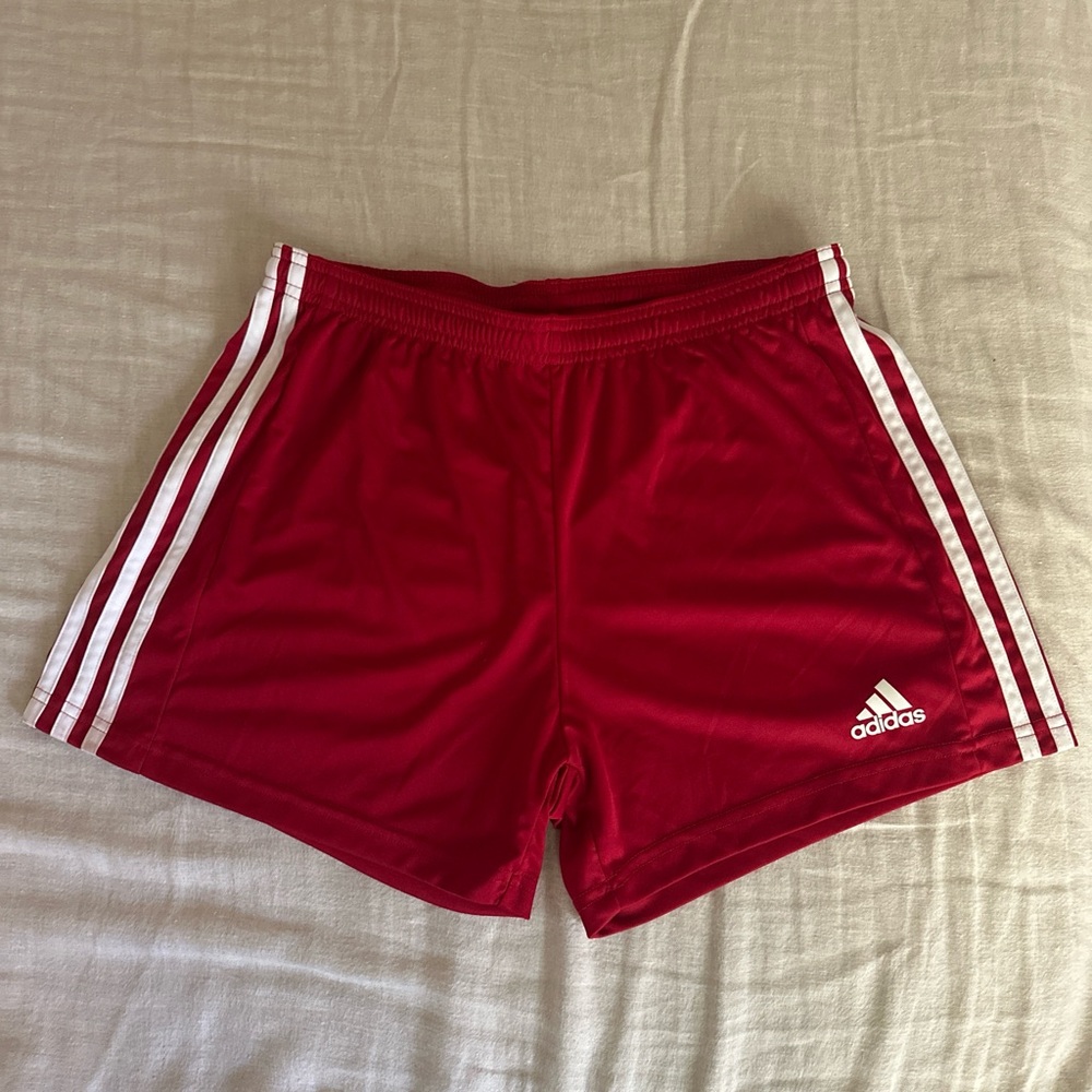 Y2K Adidas Red Athletic Shorts with White Three-Stripes